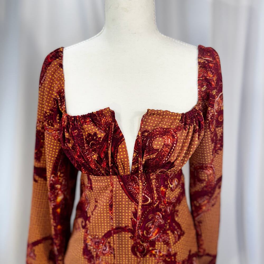 Urban Outfitters Paisley Mini Dress Smocked Balloon Sleeve Boho Small Peasant - Picture 14 of 16